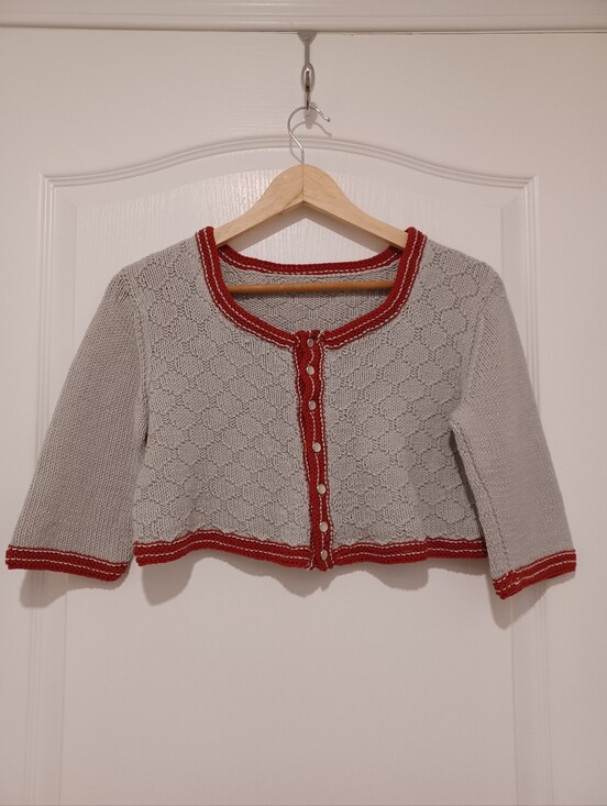 Hand Crafted Sweaters - Handknit Cropped Cardigan With Red Trim